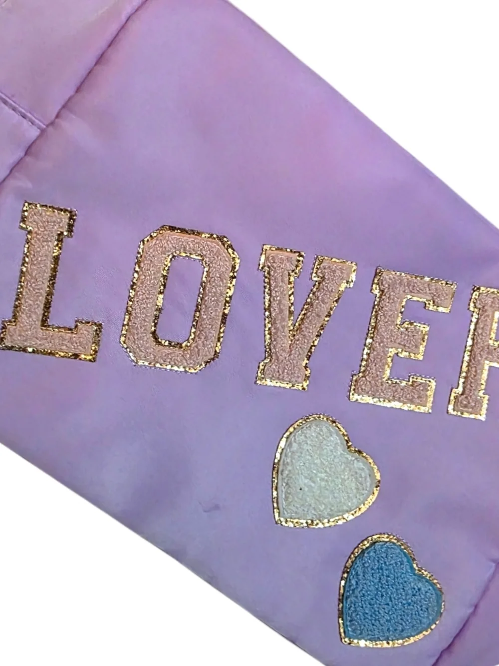 GB girls Lavender 'LOVER' Cosmetic Bag with Gold Trim and Blue & Cream Hearts